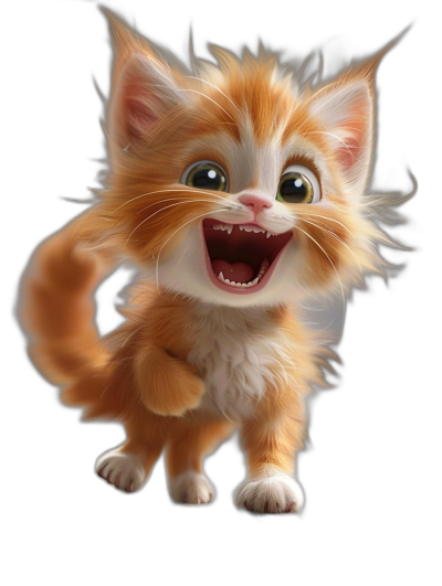 A cute orange and white kitten, with its mouth open wide in laughter, is running forward on the black background. It has long hair around its neck and ears, giving people an adorable feeling. In the style of Pixar, in the style of Disney, 3D rendering, high definition.