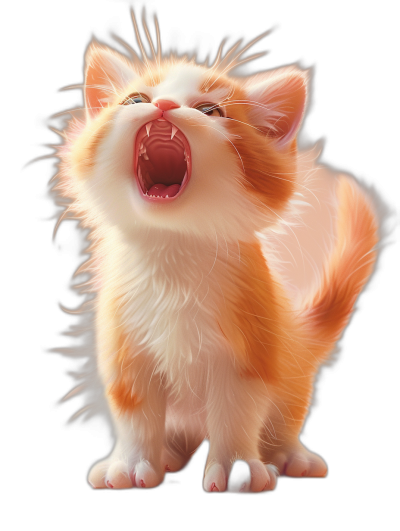 A cute little orange and white kitten, very happy with its mouth open to show teeth, fluffy hair, on a black background, in the style of digital art, with super detailed, high definition, super clear details.