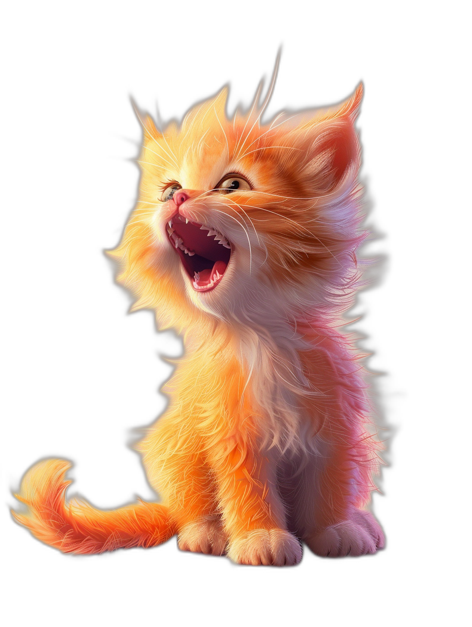 A cute orange kitten howling with a happy expression in a full body pose in the style of digital art against a black background.