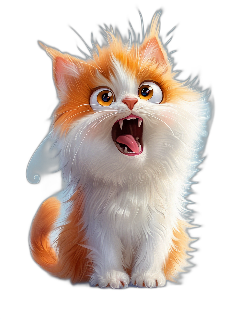 A cute orange and white fluffy cat with an open mouth, in the style of Disney, on a black background, as a full body portrait shown from the front view, in a playful cartoon illustration style with bright colors, soft lighting, high resolution digital art with rich details, showing a happy expression.