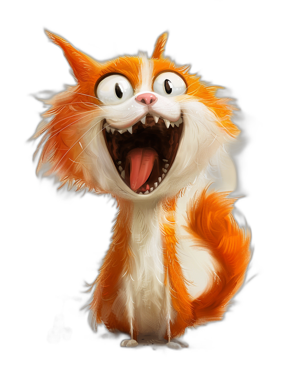 A cute orange and white cat laughing in the style of Disney, black background, concept art in the style of Pixar studio, cartoon digital painting illustration with cinematic light effects, super detailed, high resolution