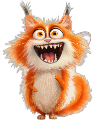 A cute orange and white fluffy cat with big teeth laughing in the style of Pixar, black background, full body, detailed character design.