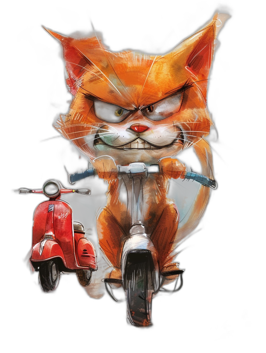 grumpy orange cat riding red vespa, cartoon style drawing, black background, graffiti art in the style of [Anton Semenov](https://goo.gl/search?artist%20Anton%20Semenov)