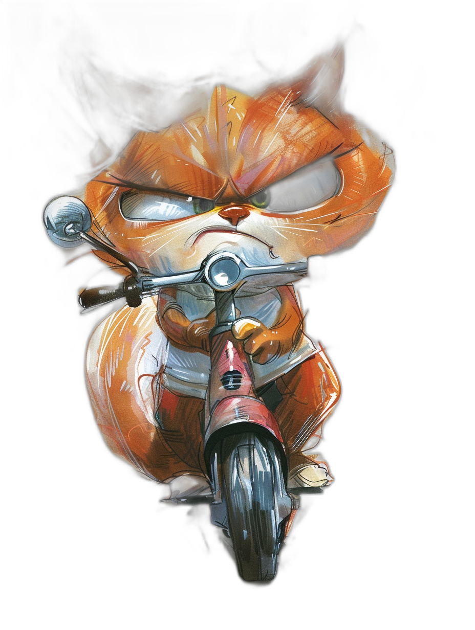 grumpy orange cat with sunglasses riding on a scooter, vector drawing in the style of [Ralph Steadman](https://goo.gl/search?artist%20Ralph%20Steadman) on a black background