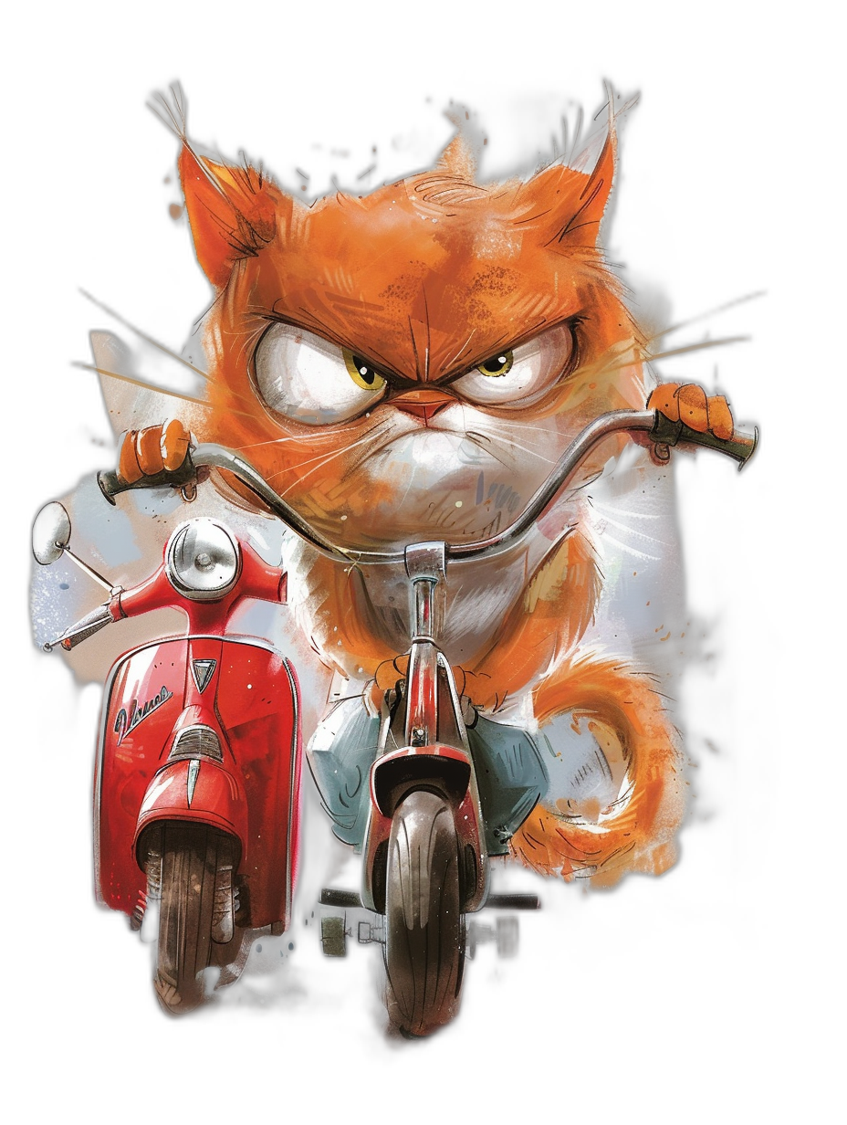 t-shirt design, Cool Orange Cat riding on an vespa , simple illustration, no background, full body shot, ultra detailed character illustrations, in the art style of [Wadim Kashin](https://goo.gl/search?artist%20Wadim%20Kashin) and [Kestutis Kasparavicius](https://goo.gl/search?artist%20Kestutis%20Kasparavicius), strong facial expression, portraitures with hidden meanings, [Frank Cho](https://goo.gl/search?artist%20Frank%20Cho), realistic hyper-detailed rendering, caricature-like features