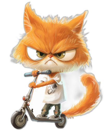 grumpy orange cat in a white t-shirt and jeans riding an electric scooter in the style of chibi with a black background, children's book illustration