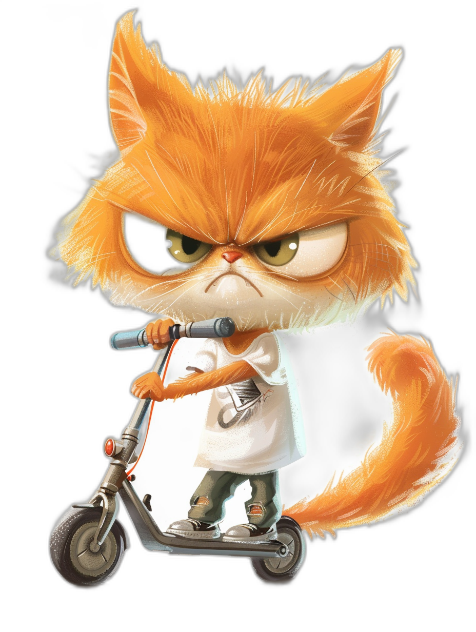 grumpy orange cat in a white t-shirt and jeans riding an electric scooter in the style of chibi with a black background, children’s book illustration