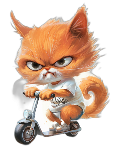 grumpy orange cat with white tshirt riding scooter, caricature cartoon style art in the style of [Tiago Hoisel](https://goo.gl/search?artist%20Tiago%20Hoisel) and playful character design in the style of Bill scaresby, on black background, high resolution