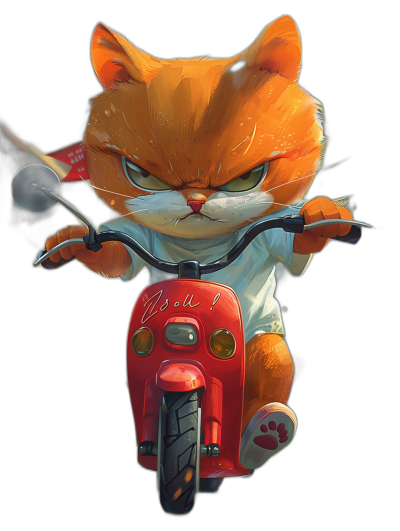 A cute cartoon orange cat wearing a white t-shirt, riding a red scooter with an angry expression on his face, in the style of Rainjataka and intricately detailed character illustrations, full body, on a black background, in a digital art style, with vibrant colors, trending on Artstation, as a digital painting, vector illustration, high resolution, high quality, high detail, cinematic, with sharp focus, sharp details, in a super realistic, hyper-realistic style.