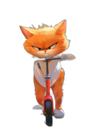 A cute orange cat wearing a white t-shirt, riding a red scooter with an angry facial expression on a black background, with a character design in the style of Pixar's style using 3D cartoonish character with matte painting techniques in the styles of Disney and Pixar animation.