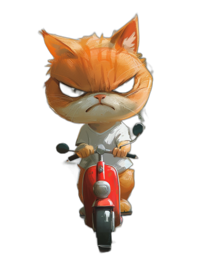 A cute cartoonish orange cat with an angry expression, wearing a white t-shirt and sitting on a red scooter bike in the style of Pixar, on a black background, a full body portrait character design from the front view, in high definition and high resolution.