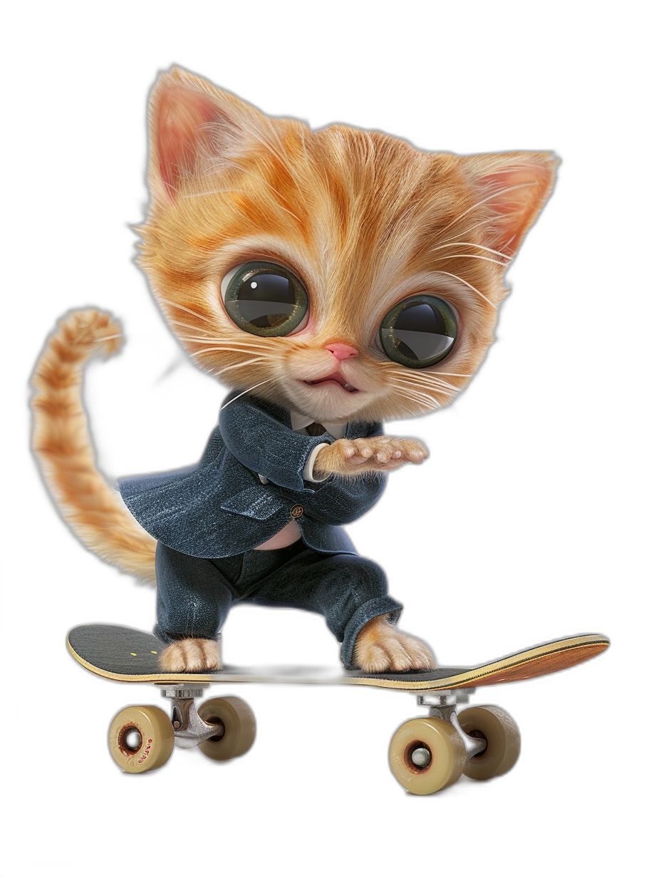 Cute cartoon cat in a suit riding on a skateboard, with big eyes, on a black background, with a 3D rendering effect, at a high resolution, in the style of a cute style, showing a front view of a kitten skateboarding.