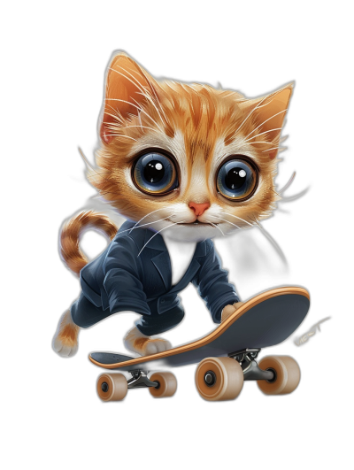 t-shirt design, Cool Kitten riding on a skateboard, with big eyes, in a chibi style, from a front view, isolated on a black background, with vivid colors