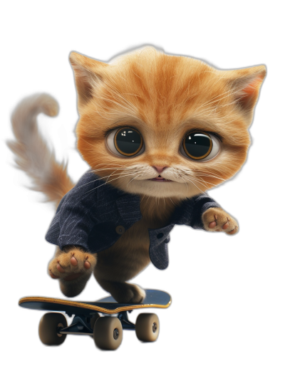 A cute orange cat with big eyes wearing a blue jacket is riding on a skateboard against a black background, in the style of Pixar, with high resolution and highly detailed.