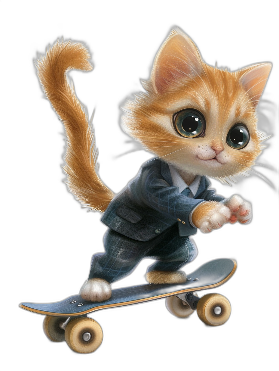 digital art of cute kitten , wear suit, riding on skateboard , black background, big eyes , happy , fluffy and cinematic lighting