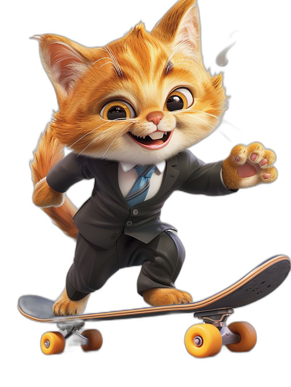 smiling happy cute ginger cat in a suit riding on a skateboard, black background, in the style of Disney Pixar cartoon, Disney character concept art, full body shot, 3D rendering, high resolution, high details, high quality, high contrast, sharp focus, octane render, hyper realistic, hyper detailed, hyper photorealistic, studio photo, no blur effects.