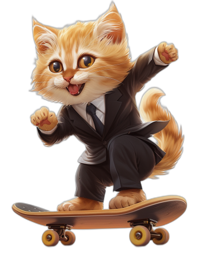 A cute ginger cat in a suit riding on a skateboard, vector illustration, black background, in the style of 2d game art, cartoon realism, caricature, detailed character design, high resolution digital artwork, graffiti-inspired.