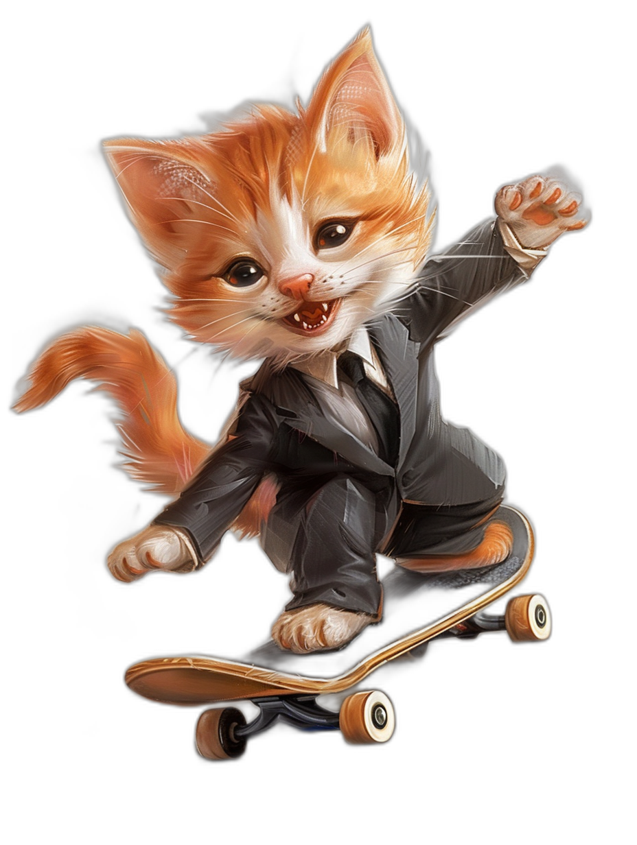 digital art of cute kitten , wear suit, riding skateboard , black background, happy and funny