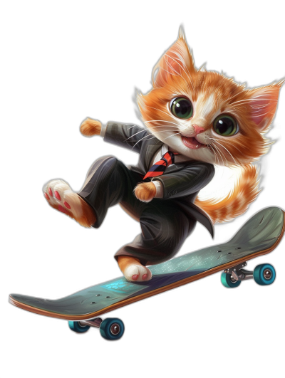 digital art of a cute and happy kitten wearing a suit with a tie, riding on a skateboard against a black background with a simple color combination and design. A full body, big head shot of the kitten flying through the air in a cool pose, with highly detailed digital painting at a high resolution.