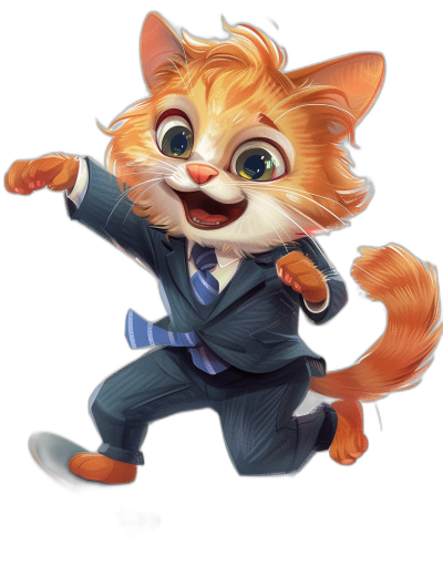 character design of an orange cat in a business suit, in a jumping pose, with a smiling face, big eyes, on a black background, in the style of Zootopia.