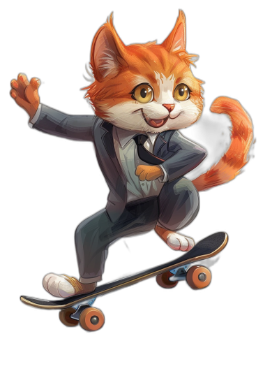 A cute orange cat in a suit, skateboarding on a black background in the style of cartoon style, vector illustration, 2D game art, Disney Pixar. The cat is cute and colorful, with a full body portrait, black shoes with white soles and brown laces. The cat has big eyes and a long tail, smiling happily while riding his skateboard. It is wearing dark blue pants and a light gray shirt, showing its right hand waving forward as if to say something important.