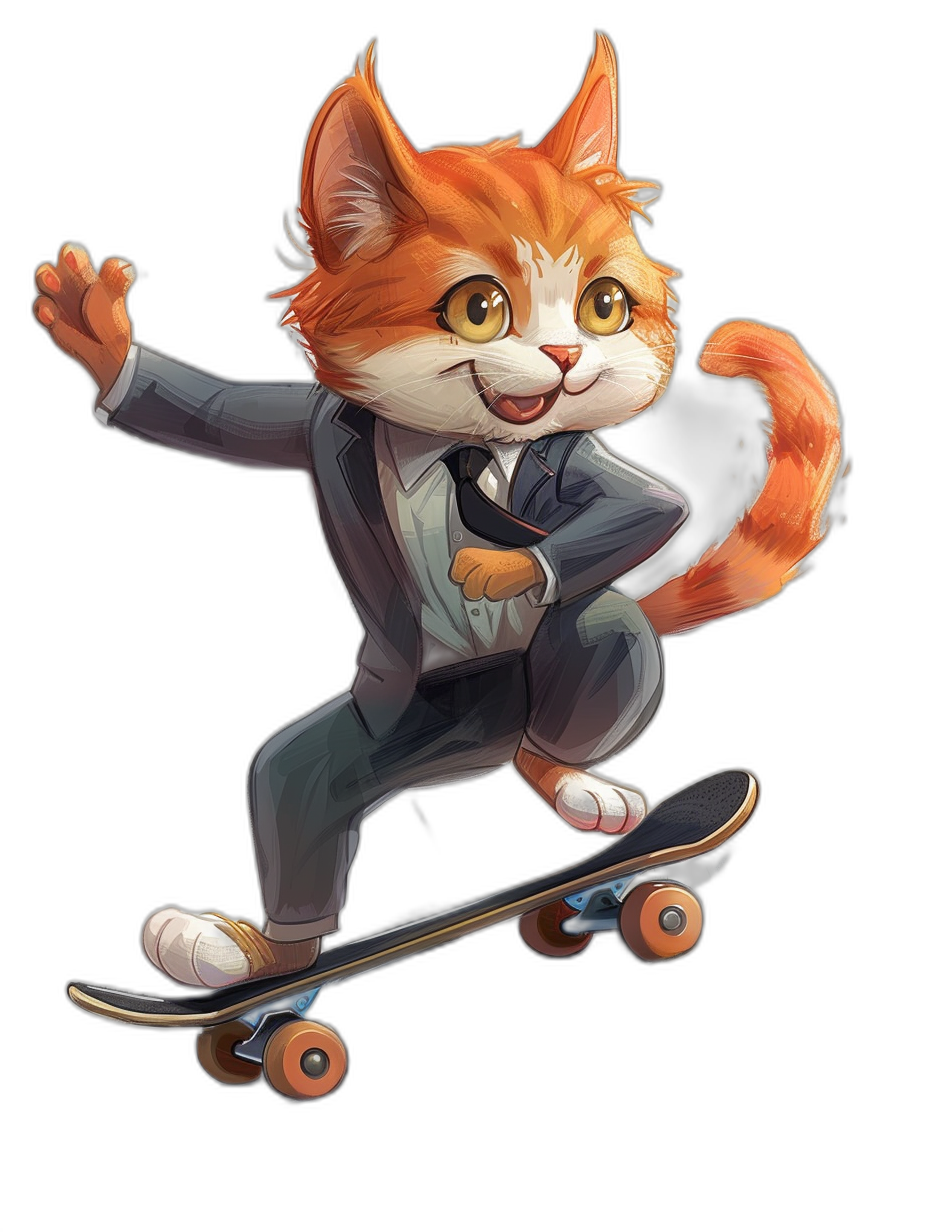 A cute orange cat in a suit, skateboarding on a black background in the style of cartoon style, vector illustration, 2D game art, Disney Pixar. The cat is cute and colorful, with a full body portrait, black shoes with white soles and brown laces. The cat has big eyes and a long tail, smiling happily while riding his skateboard. It is wearing dark blue pants and a light gray shirt, showing its right hand waving forward as if to say something important.