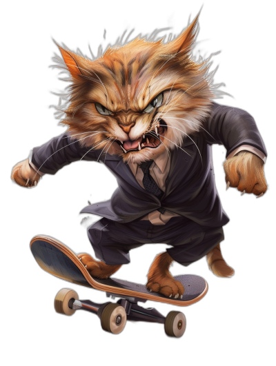 realistic digital illustration of an angry cat in business suit, riding on skateboard, black background, full body portrait view, cool character design, pixar style