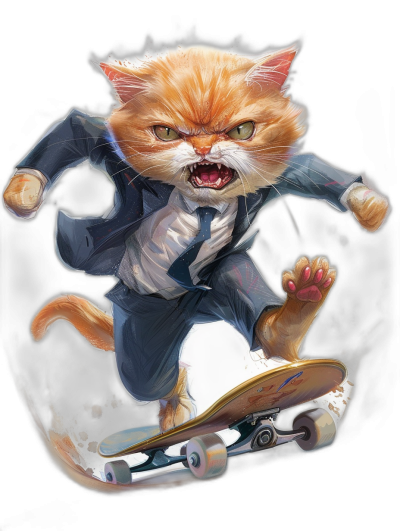 realistic digital detailed illustration of an angry ginger cat in suit and tie riding on skateboard, black background, t-shirt design, anime style