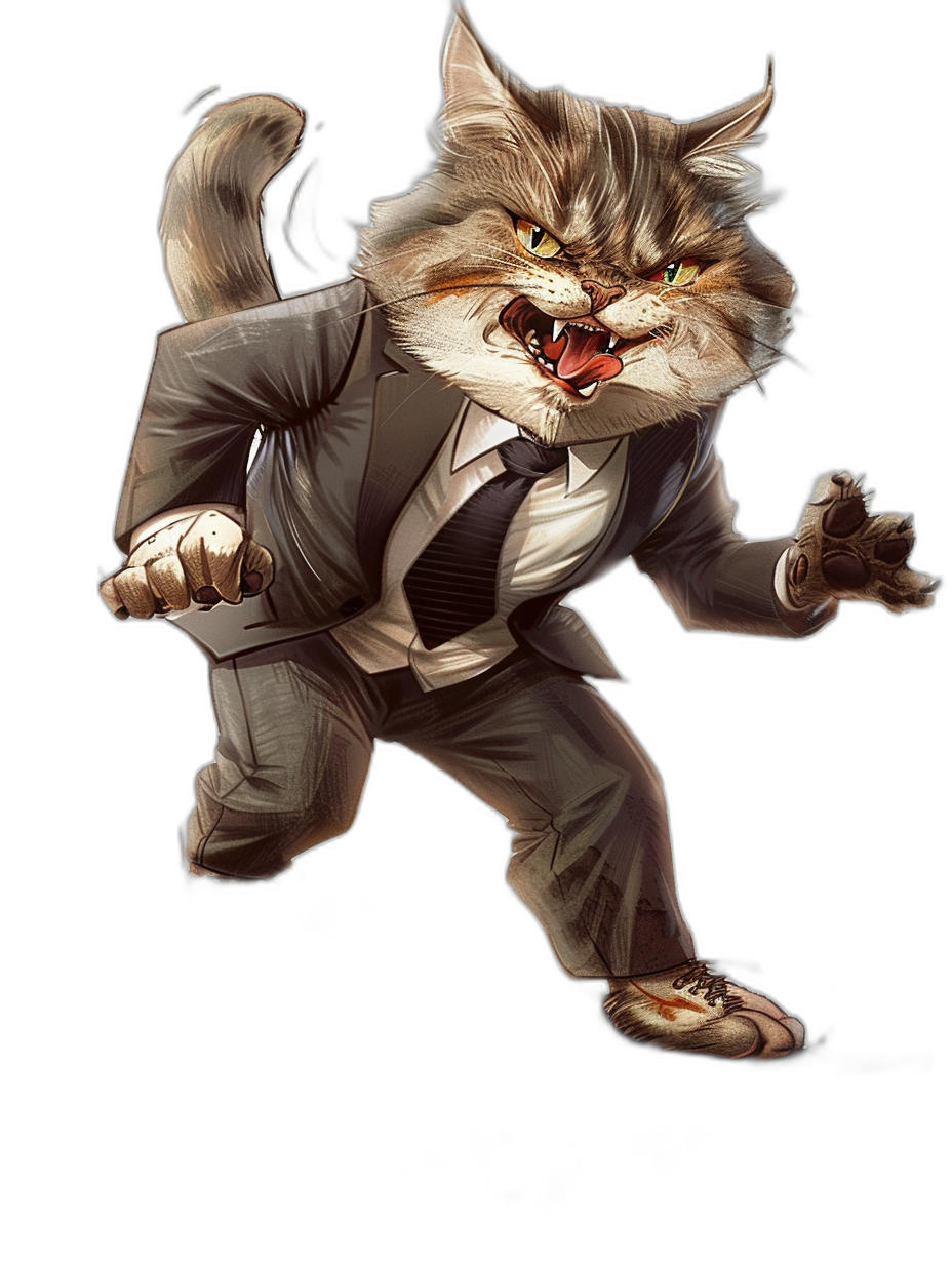 Character design of an angry cat in a suit running on a black background, full body shot, concept art in the style of [Ross Tran](https://goo.gl/search?artist%20Ross%20Tran).