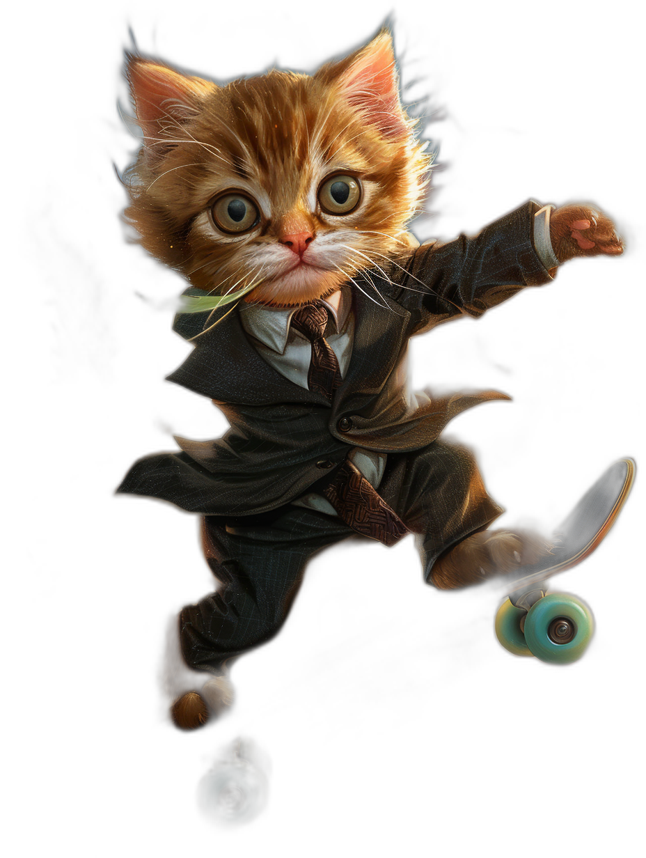 realistic digital illustration of cute ginger kitten in suit and tie, riding on skateboard, black background, full body view, portrait with bright eyes