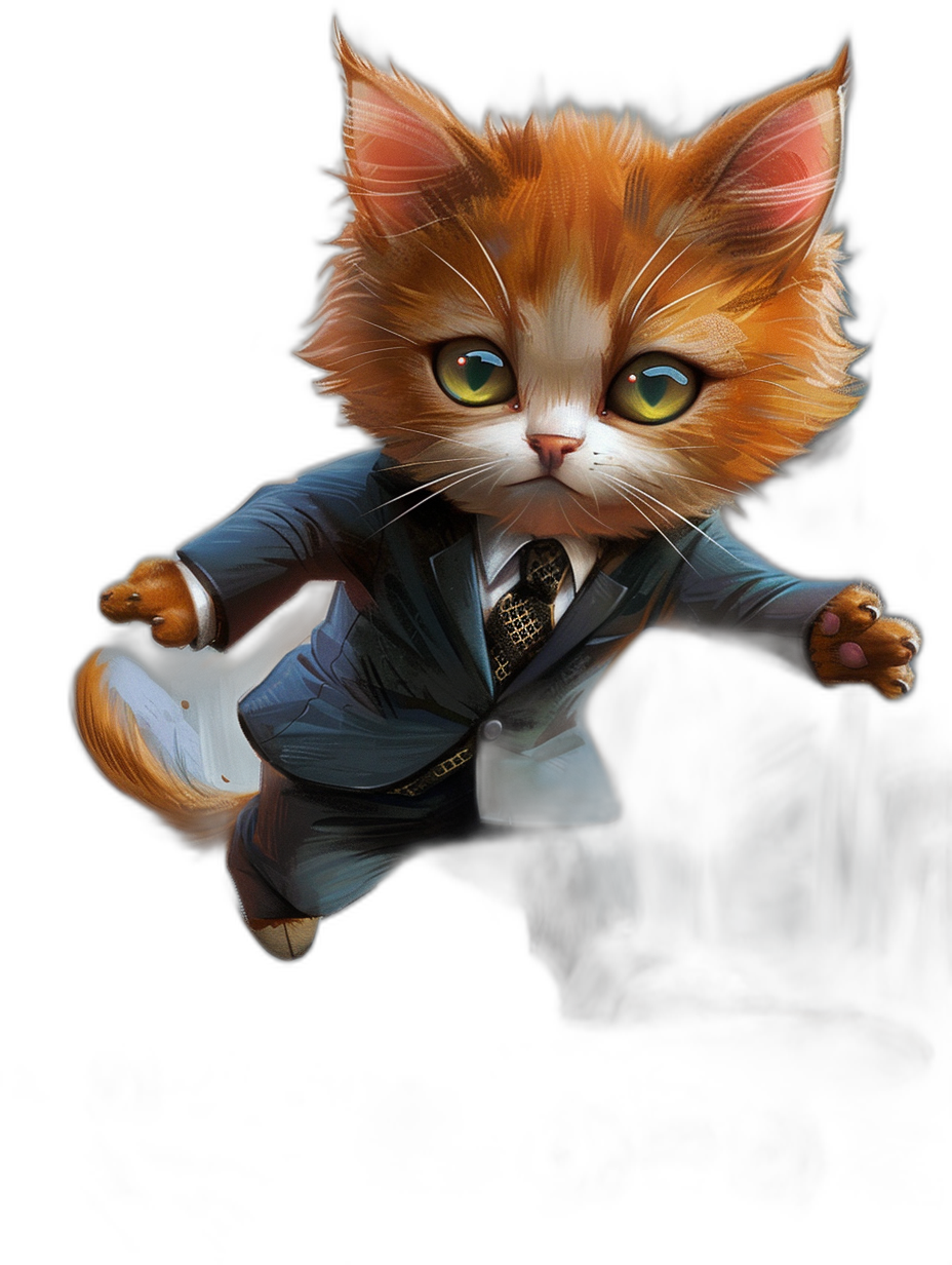 A cute ginger cat in a suit flying, green eyes, black background, chibi style, digital art in the style of [Artgerm](https://goo.gl/search?artist%20Artgerm) and [Atey Ghailan](https://goo.gl/search?artist%20Atey%20Ghailan), ultra detailed, vibrant colors, sharp focus, illustration, fantasy, full body shot