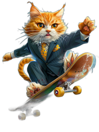 A realistic digital illustration of an anthropomorphic ginger cat wearing a business suit and tie, doing skateboard tricks in the style of vibrant colors against a black background in a dynamic pose at high resolution with highly detailed artwork.