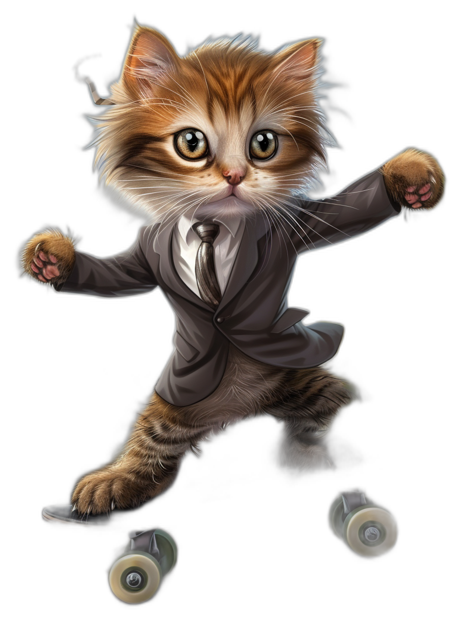 digital art of a cute kitten wearing a business suit roller skating on a black background in the style of unknown artist.