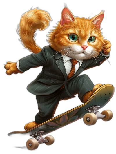 Illustration of an orange cat in a suit and tie riding on a skateboard, black background, cute cartoon character in the style of [Artgerm](https://goo.gl/search?artist%20Artgerm), digital art, sharp focus, studio photo, intricate details, highly detailed