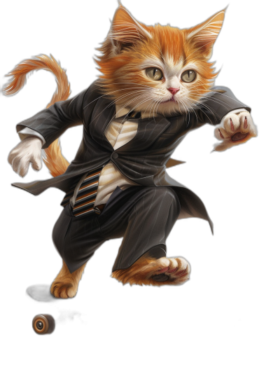 digital art of cute kitten , wear formal suit and tie, running in action pose with black background, ginger color cat , fluffy hair , long shot view