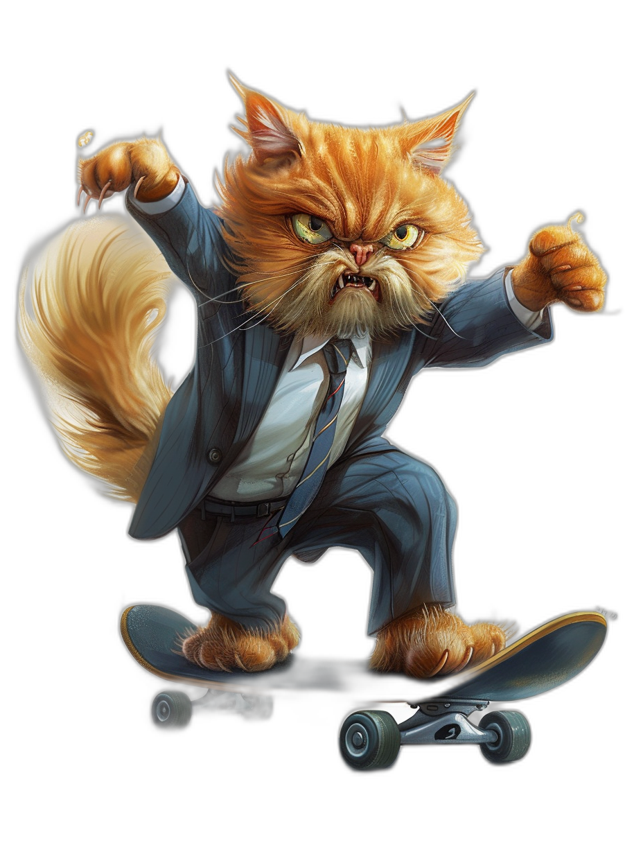 realistic digital illustration of an angry ginger cat in a business suit, riding on a skateboard, with an isolated black background, as a full body portrait, character design, in the style of a cartoon.