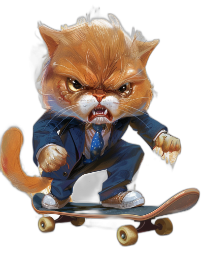 realistic digital illustration of an angry ginger cat in blue suit and tie, riding on skateboard, isolated with black background,