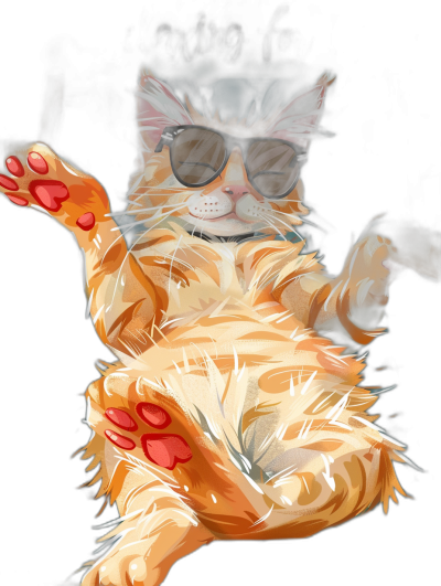 digital art of cool fat orange cat , wear sunglasses, dancing with red paw in the air, black background, pastel color and gold glittering