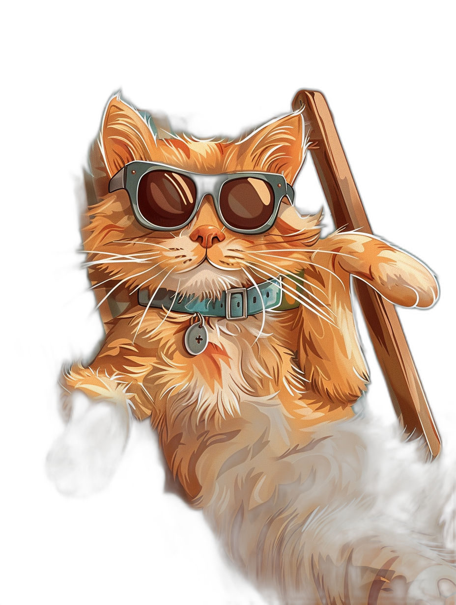 digital art of cool and fat orange cat , wearing sunglasses, holding wood stick in one hand with black background, chill expression, digital painting style