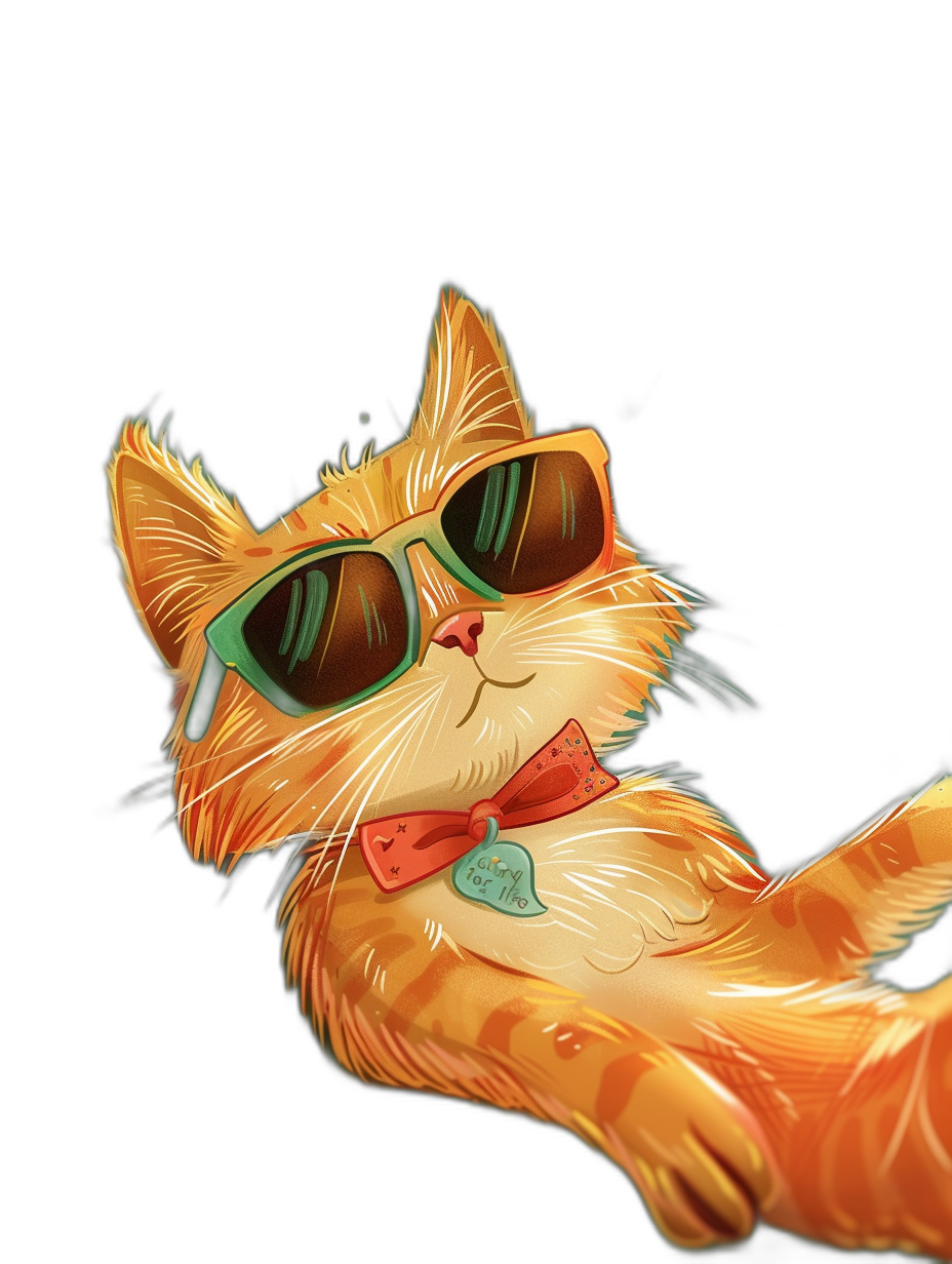 digital art of cool and fat orange cat , wearing sunglasses with green glasses and red bow tie, chill happy expression , lying down on black background , minimalism style , cute and funny