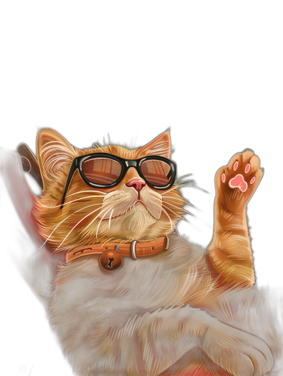 digital art of cute and fat orange cat wearing black sunglasses , the hand is up in air, smiling with one paw on his face, full body portrait ,black background, digital painting style