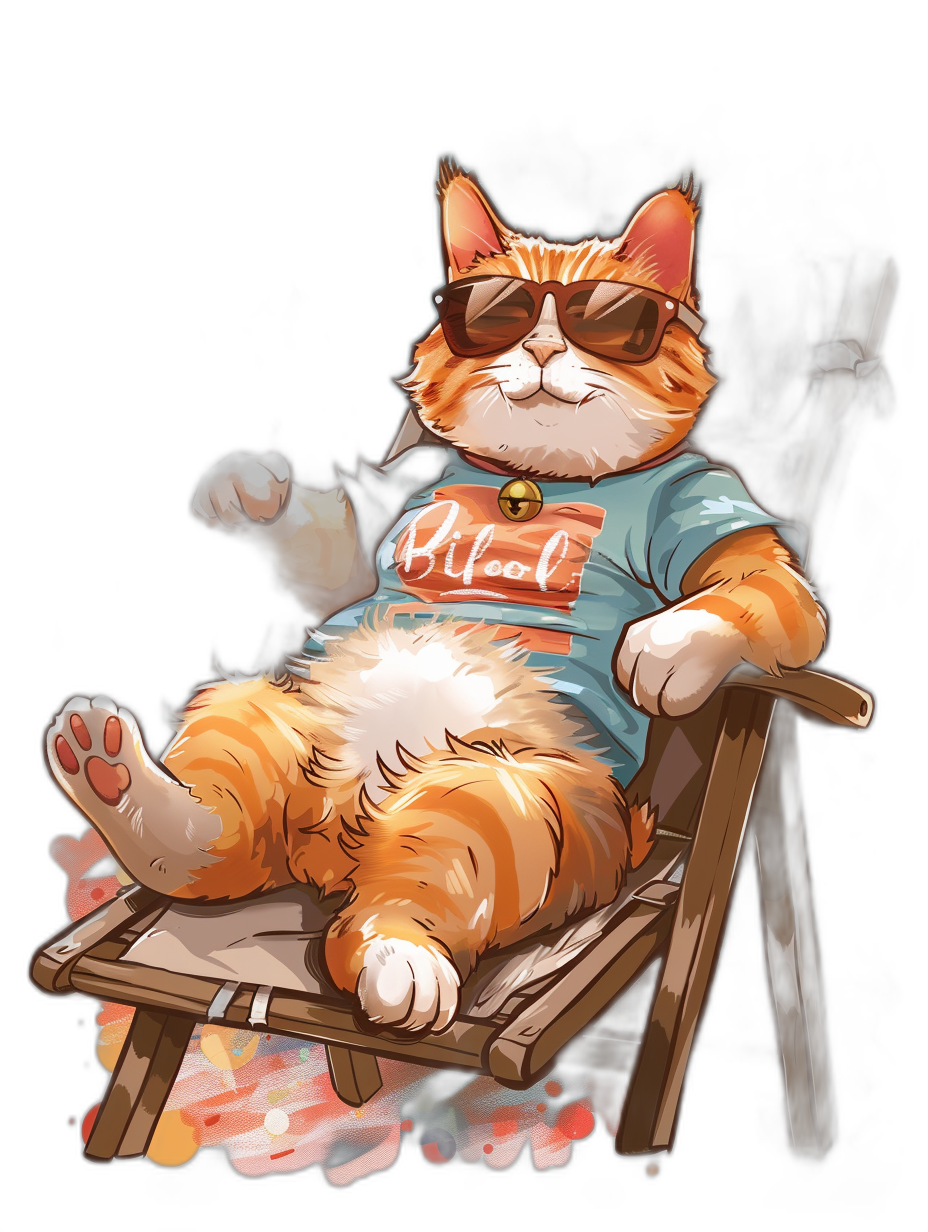 A fat ginger cat wearing sunglasses and a t-shirt, lying on a beach chair in the style of manga with a black background.