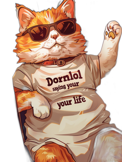 a cartoon illustration of an orange cat wearing sunglasses and t-shirt with the text "Dorn Dudal says your life" printed on it, vector art by [Artgerm](https://goo.gl/search?artist%20Artgerm), [Loish](https://goo.gl/search?artist%20Loish) and Disney animation