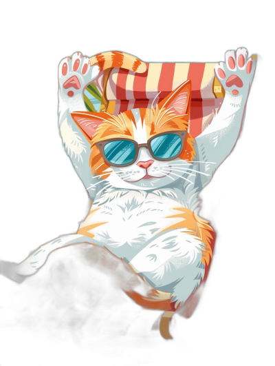 digital art of cute and fat orange white cat wearing sunglasses , the kitten is sitting on top an beach chair with striped cover up, black background, pastel color theme, glittering, high details