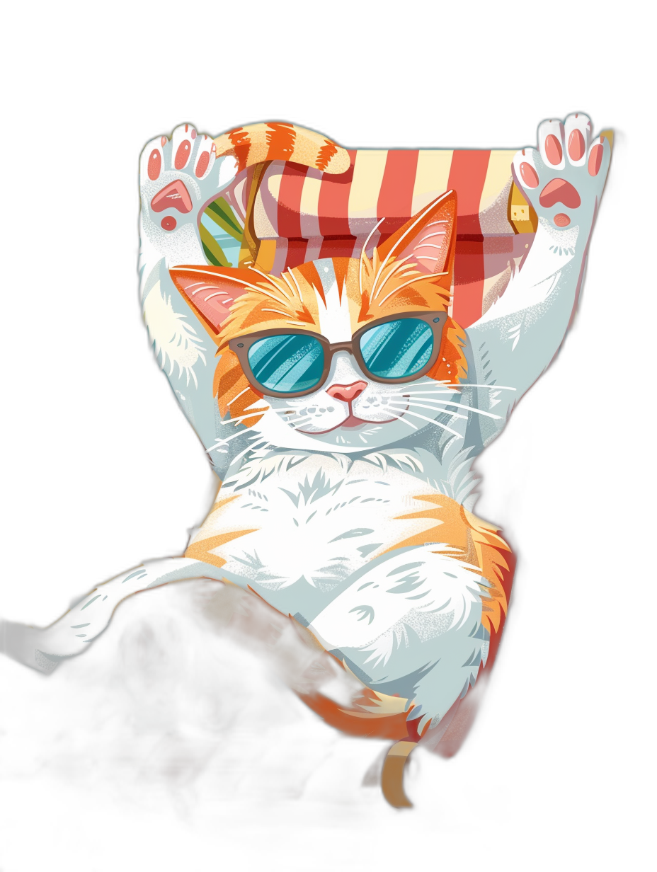 digital art of cute and fat orange white cat wearing sunglasses , the kitten is sitting on top an beach chair with striped cover up, black background, pastel color theme, glittering, high details