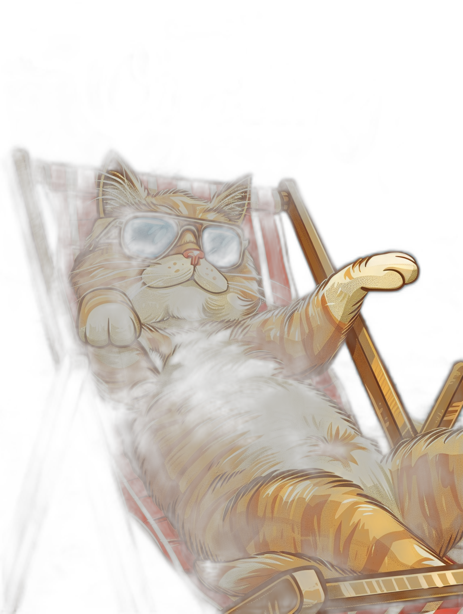 A ginger cat with sunglasses sunbathing on a deck chair, vector illustration, dark background, 2D game art, full body shot, high details, high quality, high resolution, in the style of 2D game art.