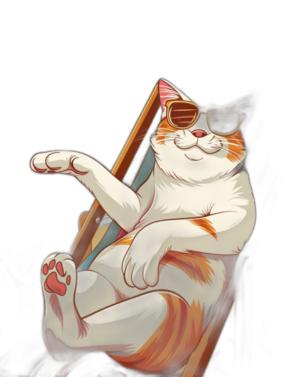 digital art of cool and fat cat , wear sunglasses, sitting on the deck chair with one leg up , black background , chill smile expression in old school anime drawing style