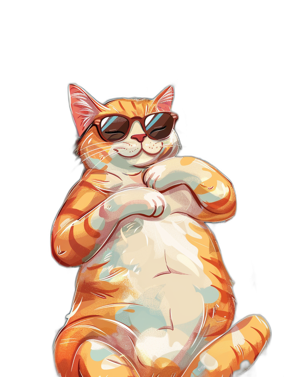 digital art of cool and fat orange cat , wearing sunglasses , white belly , hand on the head , chill smile , black background , full body