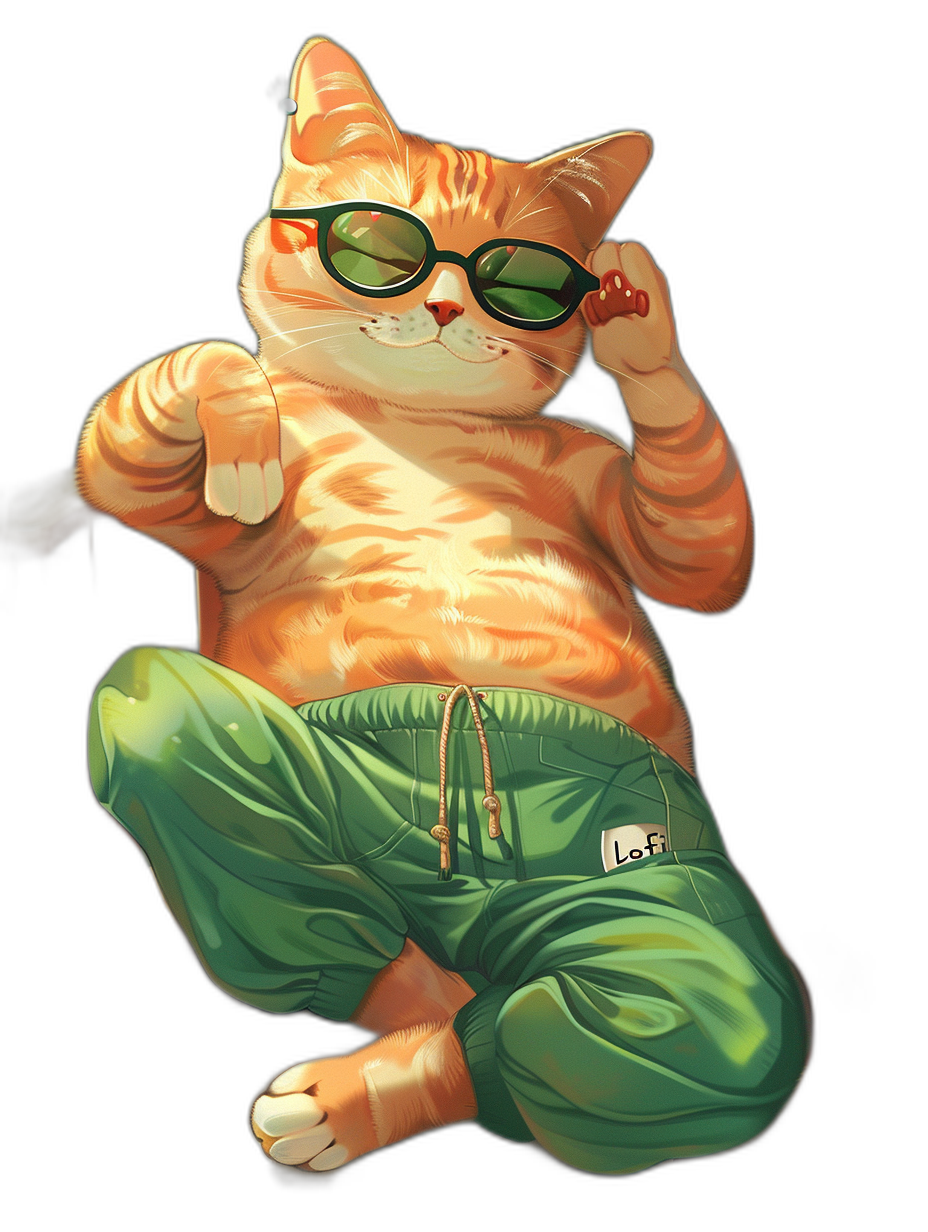 digital art of cool fat orange cat , playful character design, wearing green sweatpants and sunglasses doing yoga on black background , full body