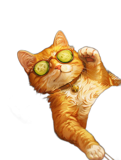 digital art of cute fat orange cat , wearing sunglasses and cucumber on its eye, hand up in the air doing rock symbol , black background , chill tone